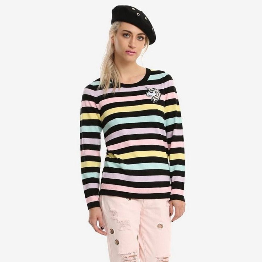 Hot Topic Black & Pastel Striped Unicorn Sweater